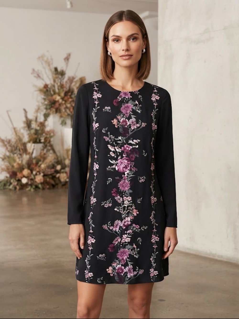 Take 50% OFF-Xhilaration Navy Floral Long-Sleeve Shift Dress, Size-S